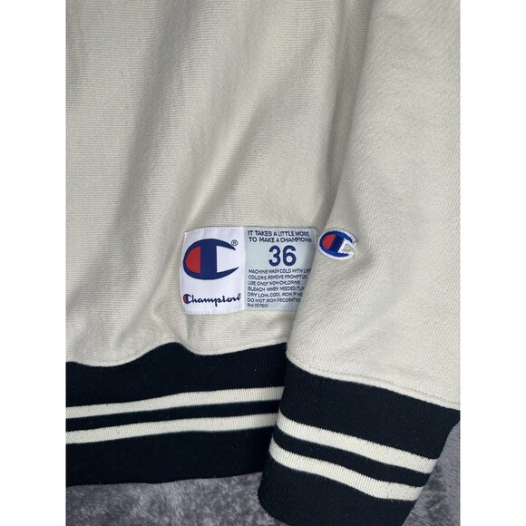 Champion Reverse Weave Sweatshirt Small Beige Black Varsity Stripe Crewneck - Picture 2 of 5